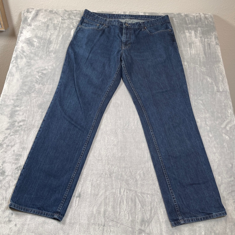 Calvin Klein Jeans Mens 38x32 Slim Straight Dark Wash Blue Denim